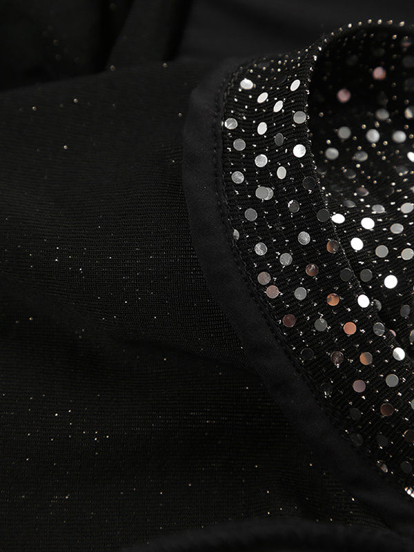 Sequined Split-Joint Long Sleeves Skinny Round-Neck T-Shirts