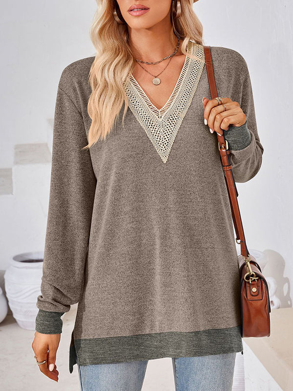 Hollow Split-Joint Split-Side Long Sleeves Loose V-Neck T-Shirts Tops