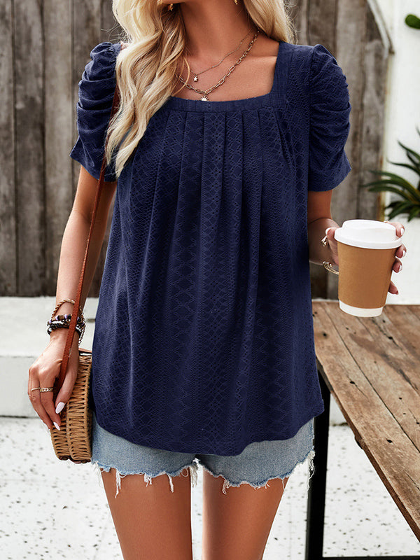 Hollow Pleated Solid Color Loose Short Sleeves Square-Neck T-Shirts Tops
