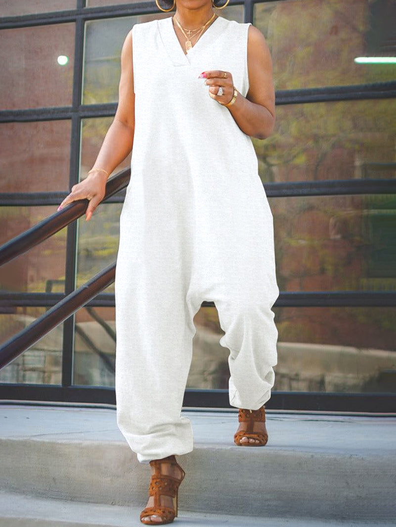 Solid Color Loose Sleeveless V-Neck Jumpsuits