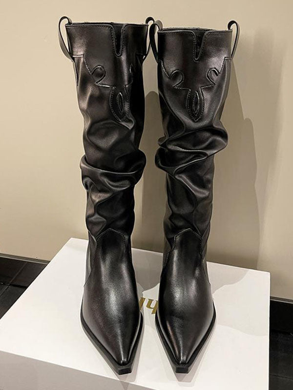 Pleated Pointed-Toe Solid Color Chunky Shoes Boots
