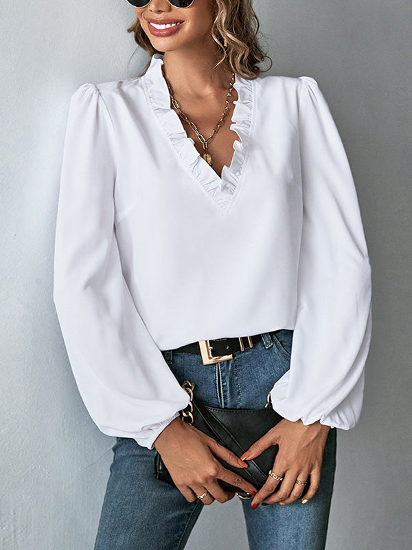 Ruffled Solid Color Long Sleeves Loose V-Neck Blouses&Shirts Tops