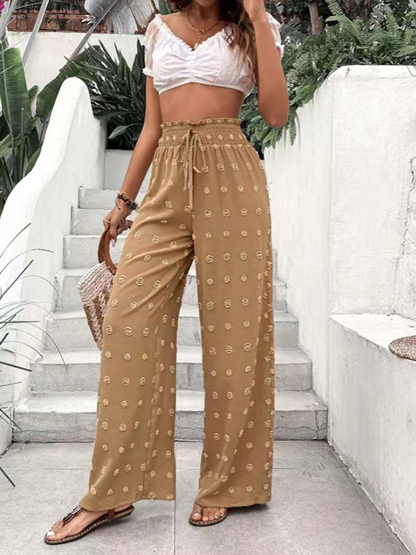 Drawstring Elasticity Jacquard Solid Color High Waisted Loose Trousers Pants