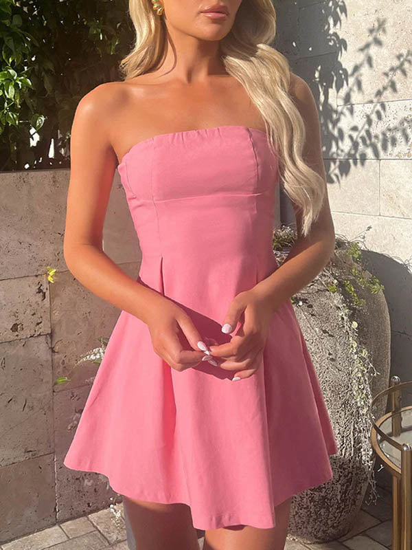 Backless Pleated Solid Color Split-Joint Tied A-line Loose Tube Mini Dresses