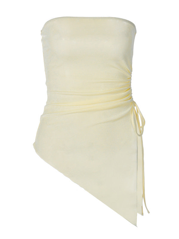 Asymmetric Drawstring See-Through Solid Color Split-Side Irregular Clipping Skinny Tube Vest Top