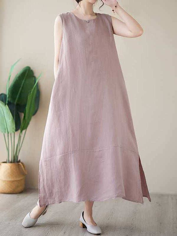 Solid Color A-Line Loose Round-Neck Midi Dresses