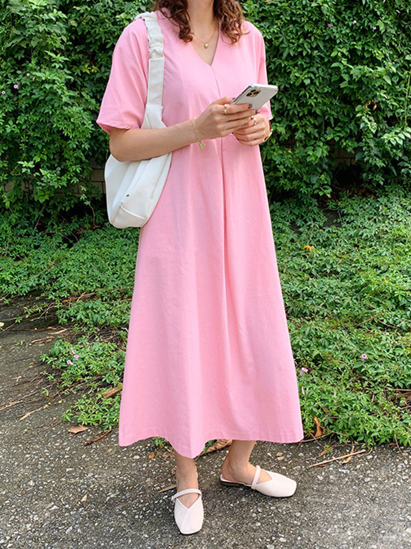 Loose Solid Color V-Neck Pleated With Pockets Midi Dresses