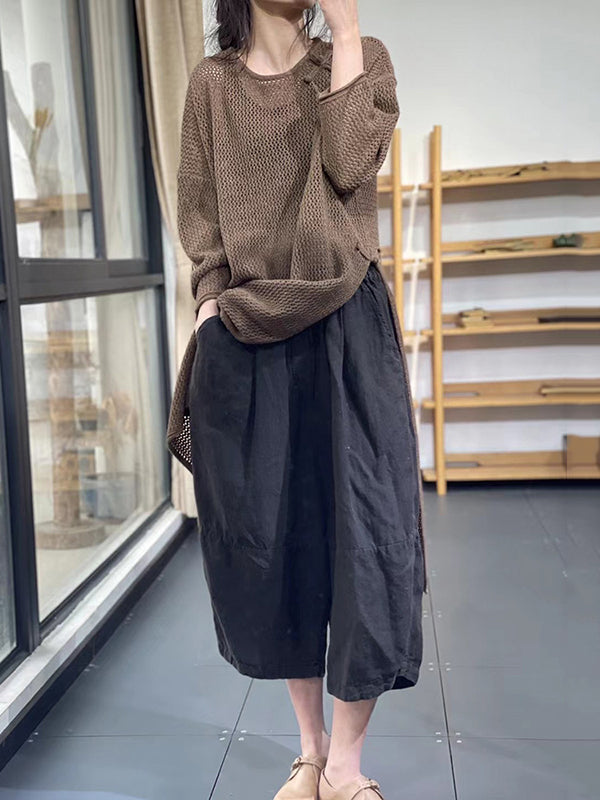 Asymmetric Hollow Split-side Long Sleeves Loose Round-neck Sweater Tops