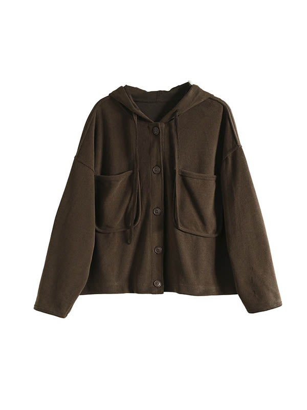 Buttoned Drawstring Pockets Solid Color Hooded Long Sleeves Outerwear