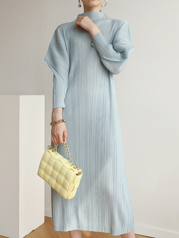 Original Creation Loose Long Sleeves Pleated Solid Color High-Neck Midi Dresses