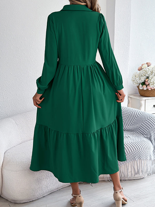 Pleated Ruffled Solid Color High Waisted Long Sleeves Lapel Shirt Dress Midi Dresses