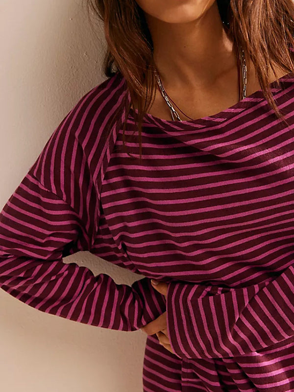 Contrast Color No Belt Split-Joint Striped Long Sleeves Loose Round-Neck Maxi Dresses