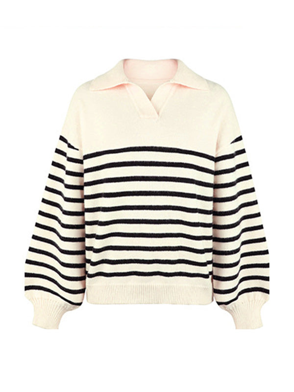 Casual Long Sleeves Loose Striped Lapel Collar Sweater Tops