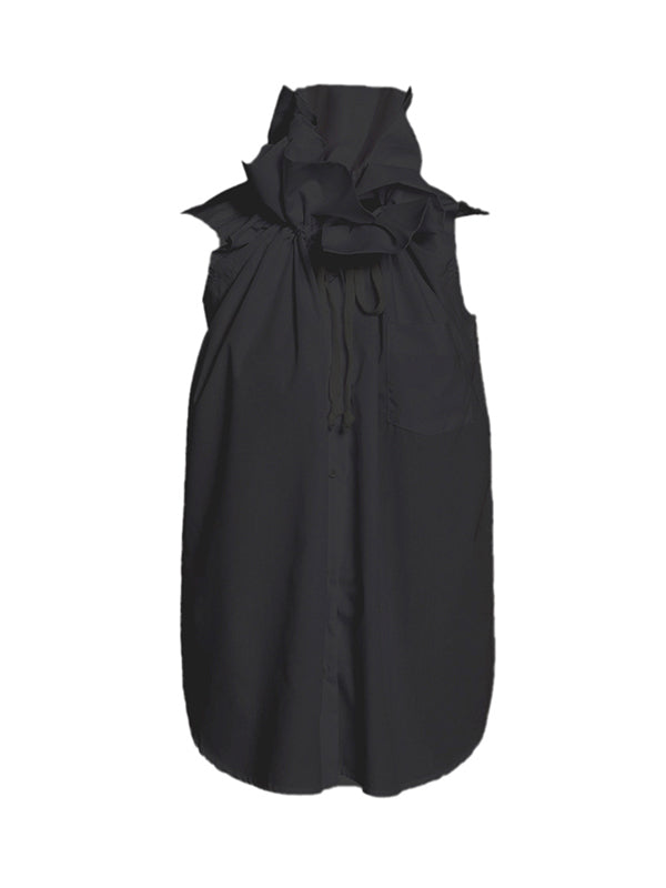 Buttoned Drawstring Pleated Solid Color Loose Sleeveless Stand Collar Vest Top