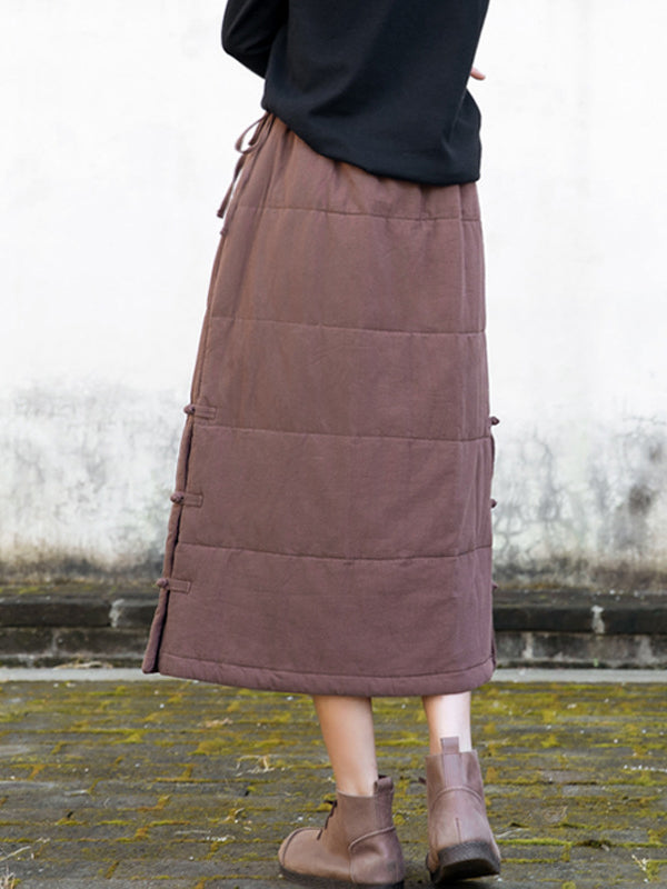 Cotton-Padded Clothes Keep Warm Quilted Solid Color Split-Joint Velvet Loose Skirts Bottoms