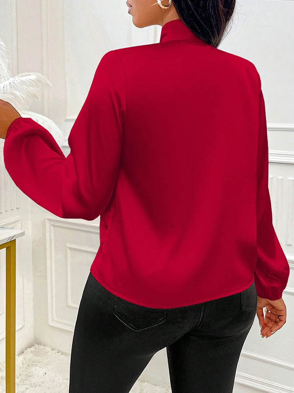 Bow-Embellished Pleated Solid Color Split-Joint Long Sleeves Loose Scarf Collar Blouses&Shirts Tops