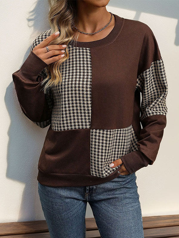 Contrast Color Houndstooth Split-Joint Long Sleeves Loose Round-Neck Sweatshirt Tops