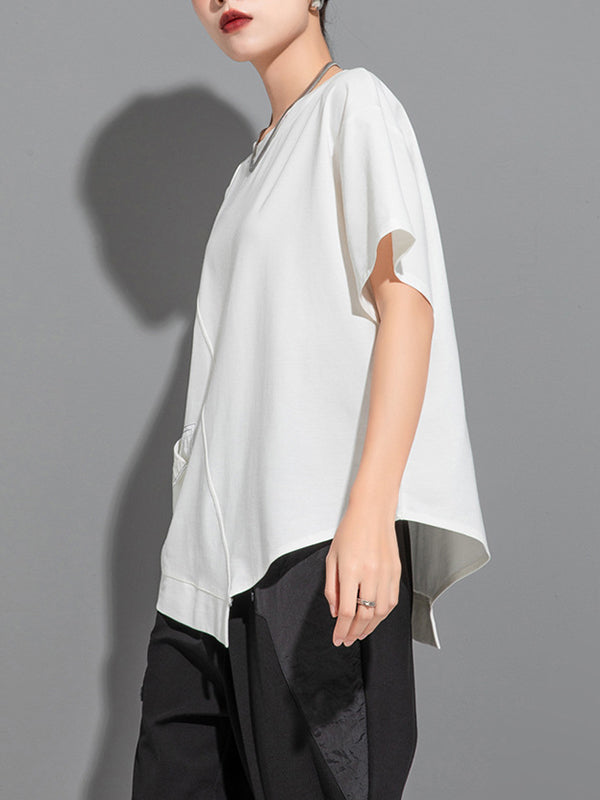 Asymmetric Solid Color Split-Joint Loose Short Sleeves Round-Neck T-Shirts Tops