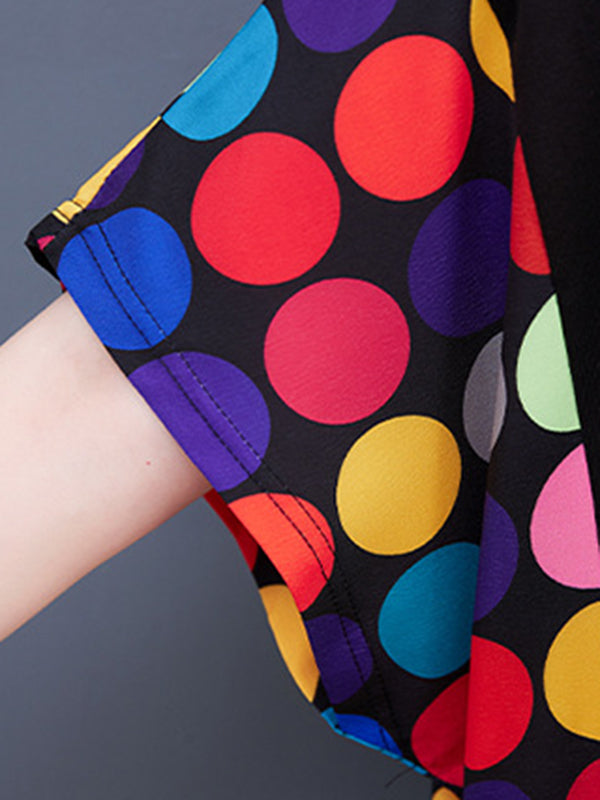 Multi-Colored Polka-Dot Split-Joint Loose Short Sleeves Round-Neck Midi Dresses