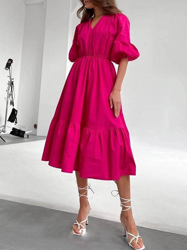 Elasticity Pleated Solid Color A-Line Half Sleeves V-Neck Midi Dresses