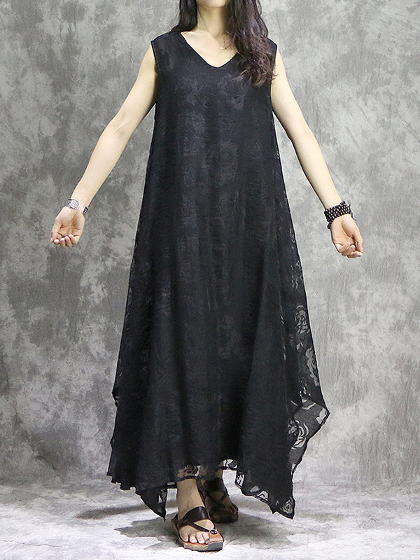 Flower Print Solid Color False Two Loose V-Neck Midi Dresses