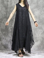 Flower Print Solid Color False Two Loose V-Neck Midi Dresses