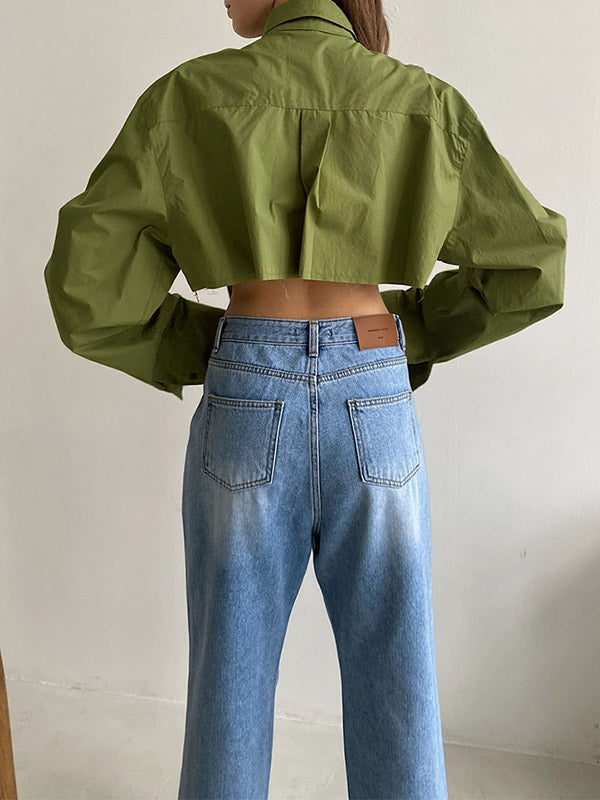 Asymmetric Buttoned Pockets Solid Color Split-Joint Long Sleeves Loose Lapel Blouses&Shirts Tops