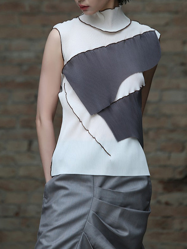 Asymmetric Color-Block Pleated Split-Joint Skinny Sleeveless High-Neck Vest Top