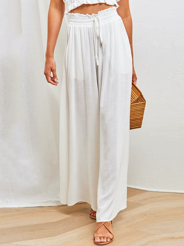 Drawstring Elasticity Pockets Solid Color High Waisted Loose Trousers Pants