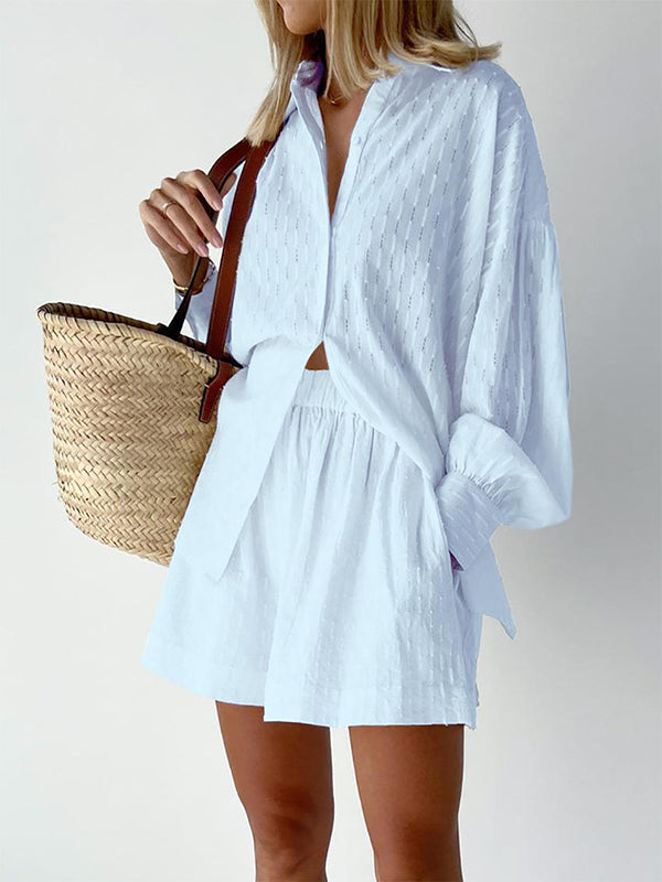 Buttoned Jacquard High-Low Long Sleeves Solid Color Lapel Shirts Top +Shorts Bottom Two Pieces Set
