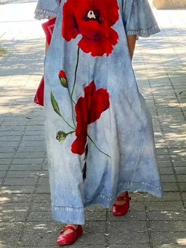 Flower Print Half Sleeves Loose V-Neck Maxi Dresses