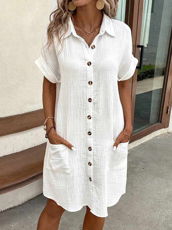 Buttoned Pockets Loose Short Sleeves Lapel Mini Dresses