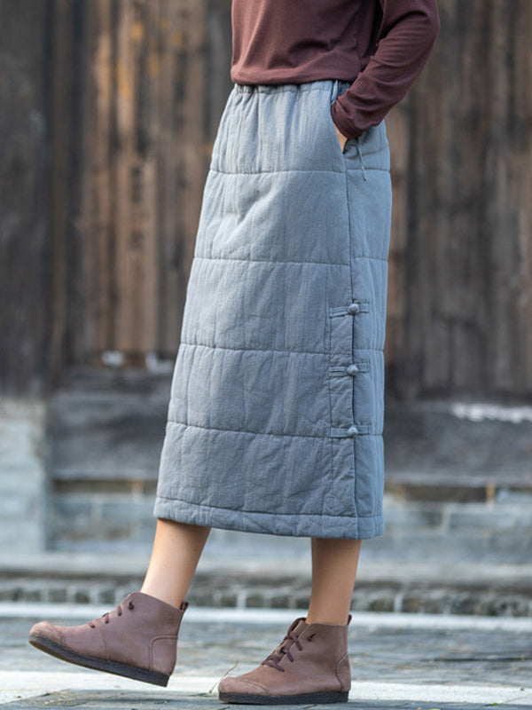 Cotton-Padded Clothes Keep Warm Quilted Solid Color Split-Joint Velvet Loose Skirts Bottoms