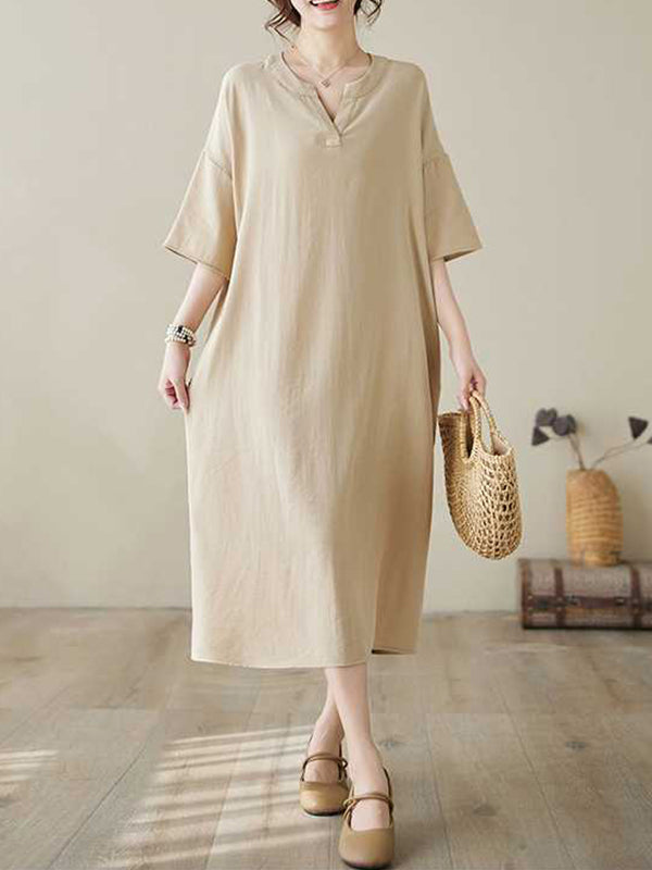 Knot Pockets Solid Color A-Line Loose V-Neck Midi Dresses
