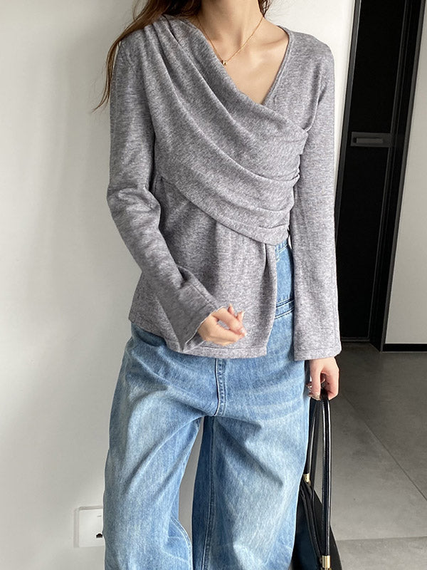 Asymmetric Solid Color Long Sleeves Loose V-Neck T-Shirts Tops