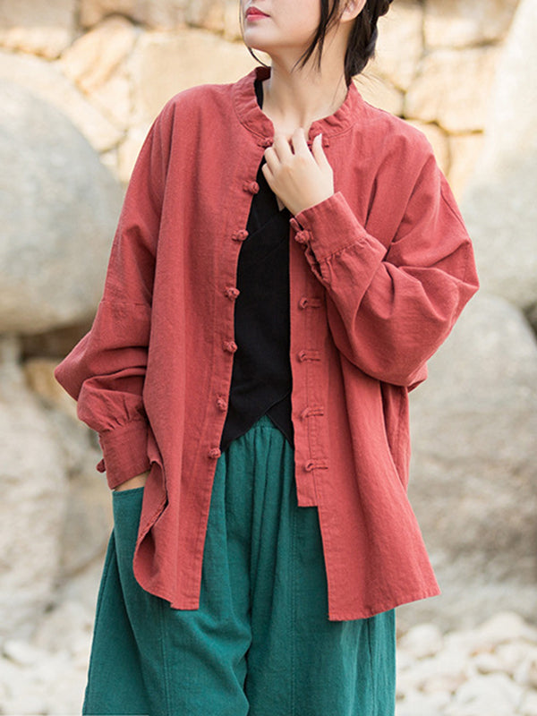 Chinese Frog Buttons Pleated Solid Color Split-Joint Batwing Sleeves Loose Stand Collar Blouses