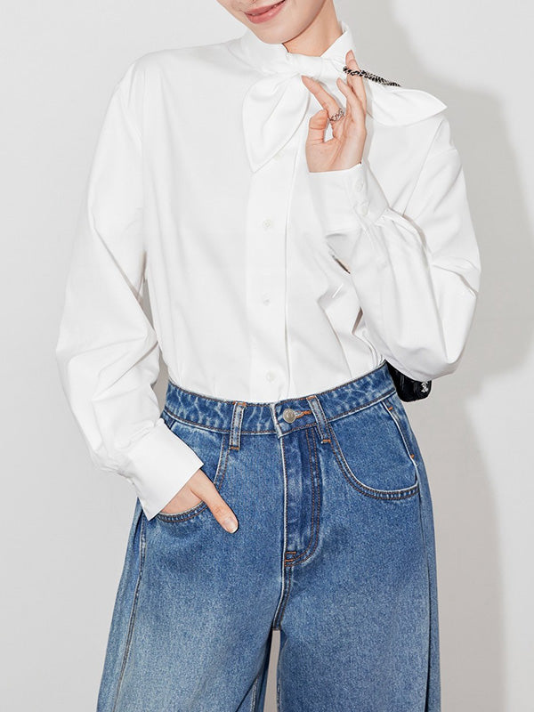 Buttoned Solid Color Long Sleeves Loose Mock Neck Blouses&shirts Tops
