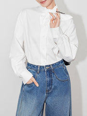 Buttoned Solid Color Long Sleeves Loose Mock Neck Blouses&shirts Tops