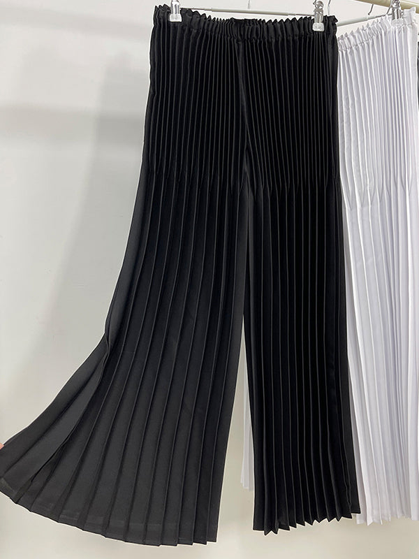 Elasticity Pleated Solid Color Split-Joint High Waisted Loose Trousers Pants