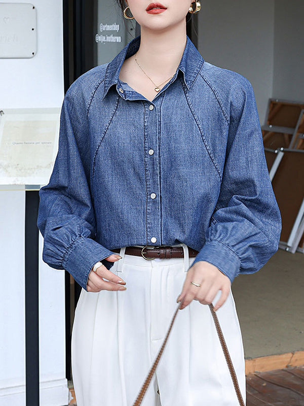 Buttoned Pleated Split-Joint Long Sleeves Loose Lapel Blouses&Shirts Tops