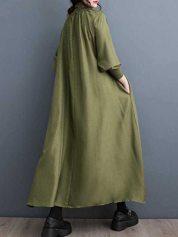 Pleated Pockets Solid Color Split-Joint A-Line Long Sleeves High Neck Midi Dresses