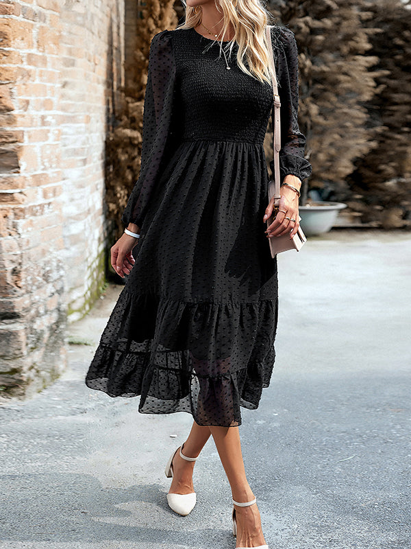 Elasticity Jacquard Solid Color Split-Joint A-Line Bishop Sleeve Round-Neck Midi Dresses