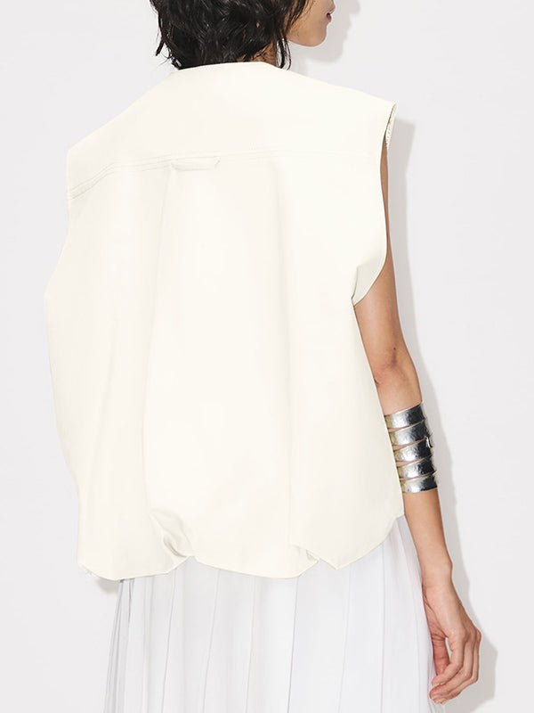 Pockets Split-Joint Zipper Loose Sleeveless Round-Neck Vest Outerwear