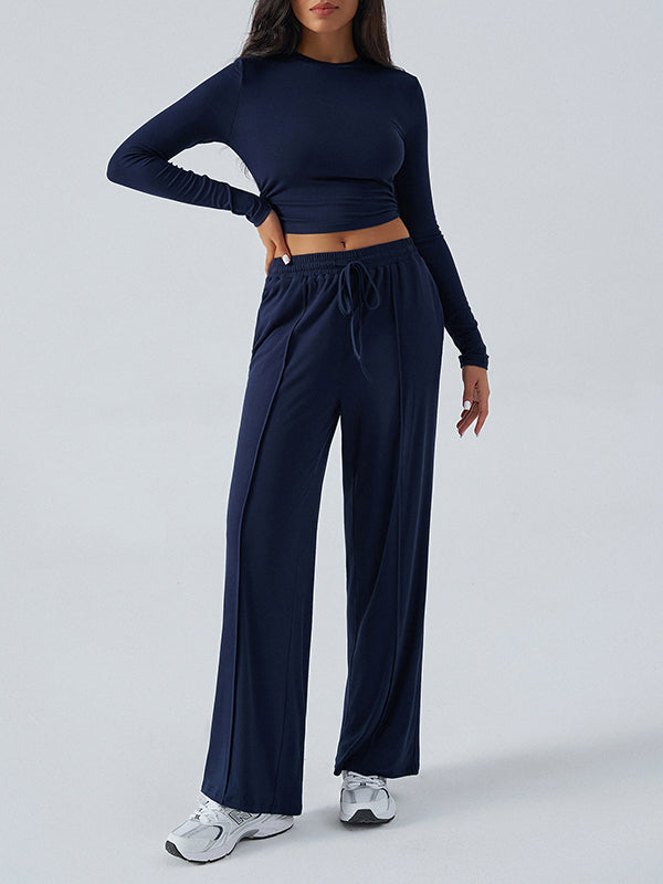 Round-Neck Long Sleeves Loose Solid Color T-shirt Top + Drawstring Elasticity Pockets Pants Bottom Two Pieces Set