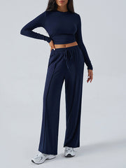 Round-Neck Long Sleeves Loose Solid Color T-shirt Top + Drawstring Elasticity Pockets Pants Bottom Two Pieces Set
