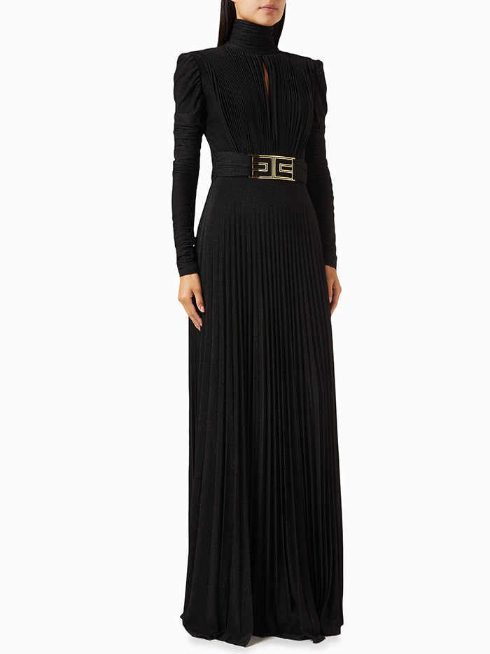 Long Sleeves Pleated Solid Color Split-Side V-Back High-Neck Evening Dresses Maxi Dresses