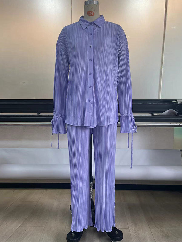 Solid Color Flared Sleeves Long Sleeves Buttoned Drawstring Pleated Split-Side Lapel Shirts Top + Pants Bottom Pajama Sets