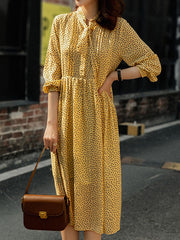 Polka-Dot Tied A-Line High Waisted Mock Neck Midi Dresses