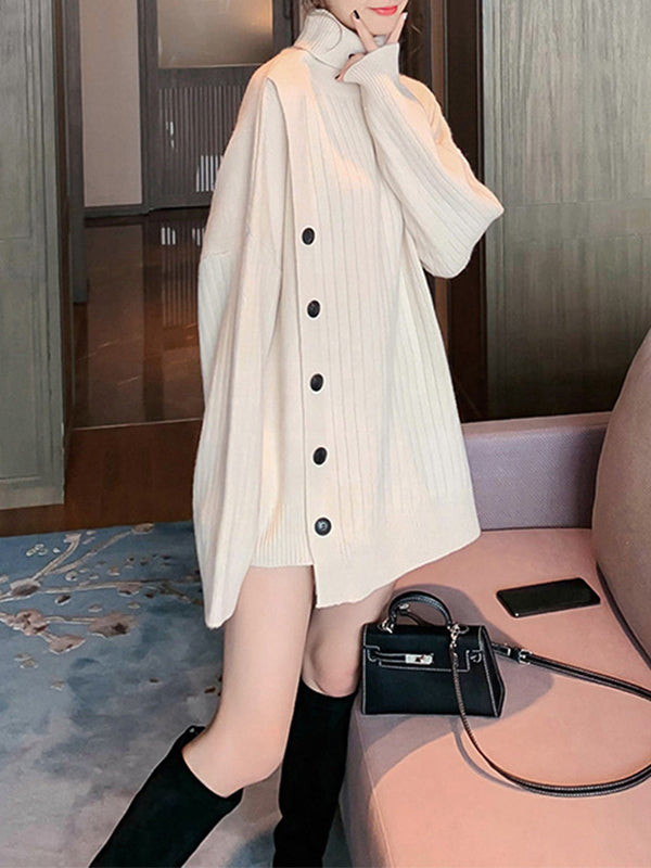 Asymmetric Buttoned High-low Long Sleeves High-neck Sweater Tops Pullovers Knitwear