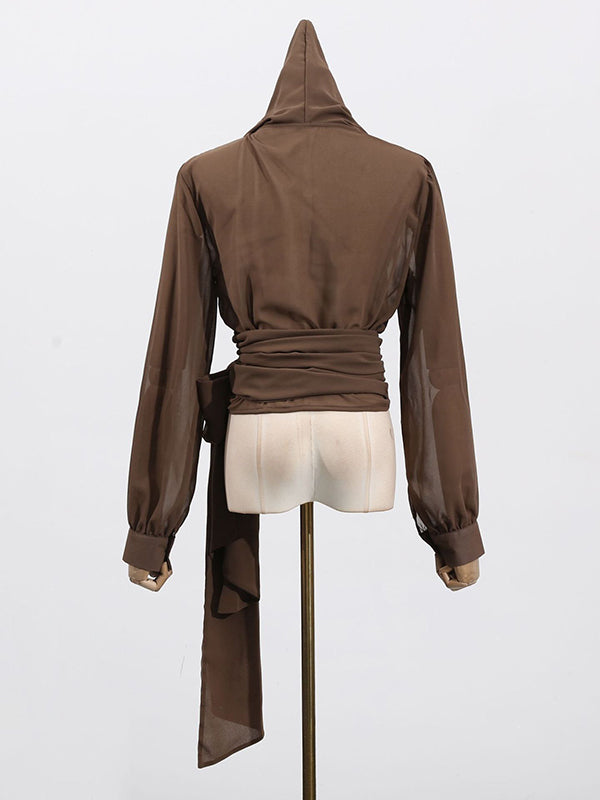 Pleated See-Through Solid Color Tied Waist Long Sleeves Loose Hooded Blouses&Shirts Tops